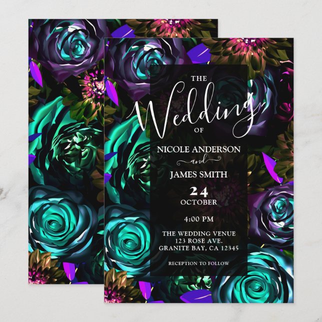 Invitación Dark Wonderland Negrita Glam Floral Flowers Boda (Anverso / Reverso)