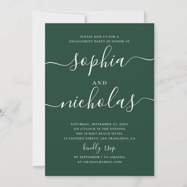 Invitación Dark Woodland Green Engagement Party | Script (Anverso)