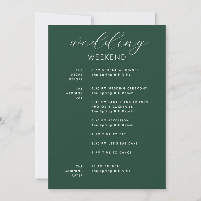 Invitación Dark Woodland Green Wedding Weekend Schedule (Reverso)