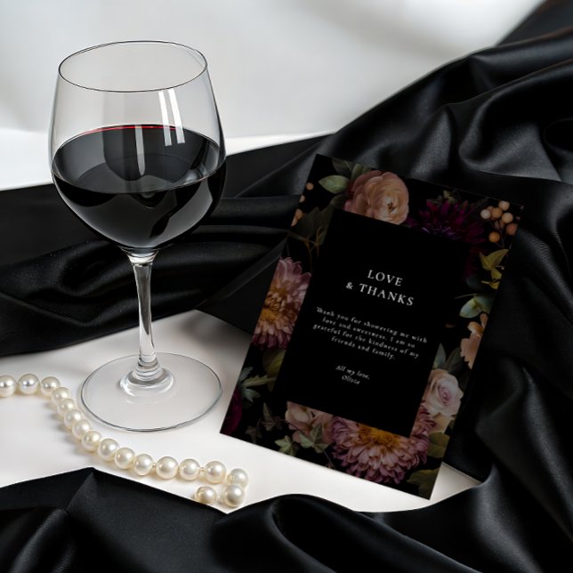 Invitación Dark y Moody Floral Negra Gótica Gracias (Dark and Moody Goth Bridal Thank You Card
)