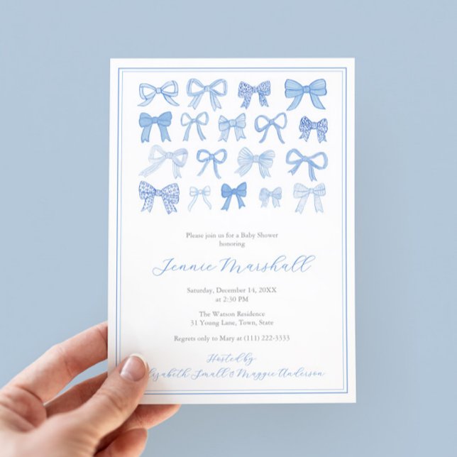 Invitación Darling Blue Bows Baby Boy Shower Fiesta (Blue And White Whimsical Watercolor Bows baby shower invite for boy with regency stripe backer)