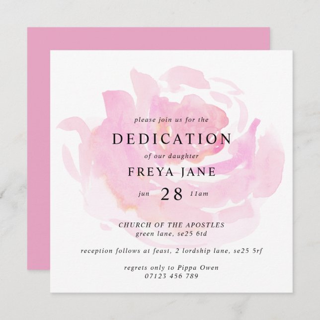 Invitación Darling Rosa Baby Dedication Square (Anverso / Reverso)