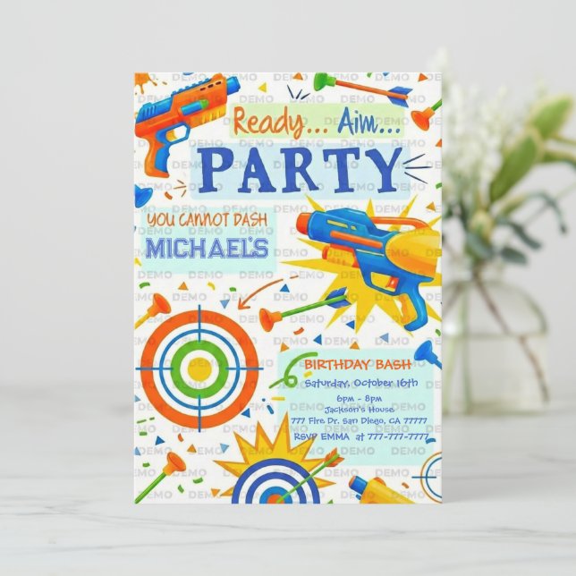 Invitación Dart Gun Birthday Invitation (Anverso de pie)