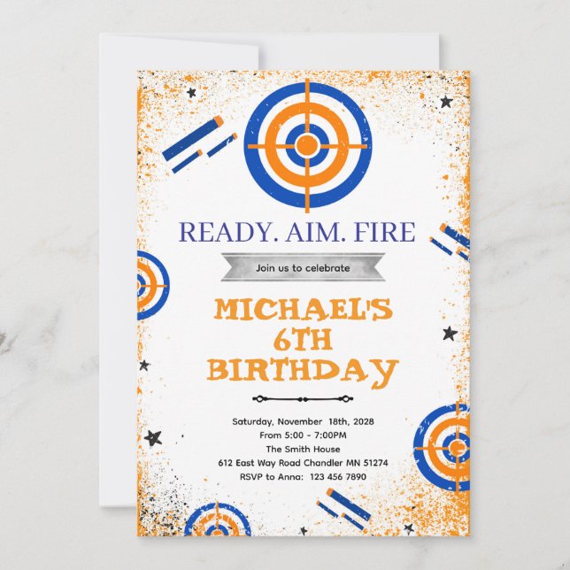 Invitación Dart gun birthday party invitation (Anverso)