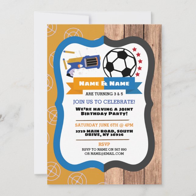 Invitación Dart Gun y Football Joint Boy Fútbol de cumpleaños (Anverso)