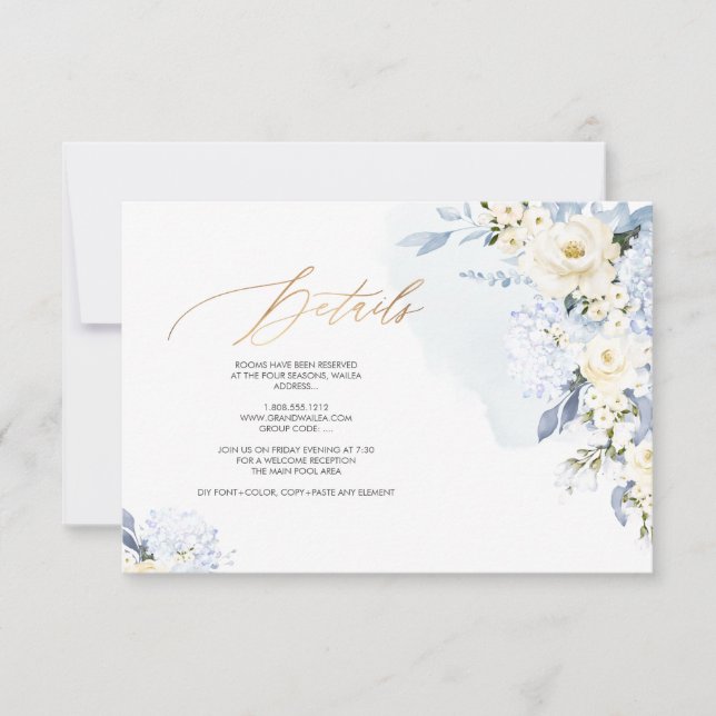 Invitación Datos de los Rosas de crema de Hidrangeas azules d (Anverso)