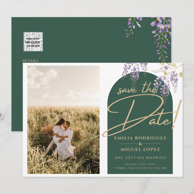 Invitación Dave Dates, Boda de la Wisteria de la FOTO del pre (Anverso / Reverso)