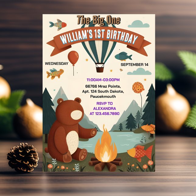 Invitación Day Brown Fun Fish Boy Cute bebé oso Primer cumple (Subido por el creador)