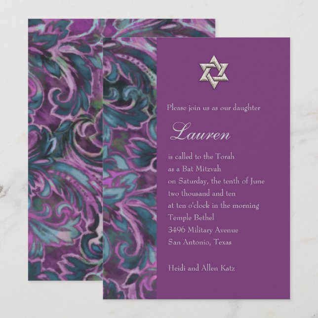 Invitación Dazzling Damask morado y Verde azulado (Anverso / Reverso)