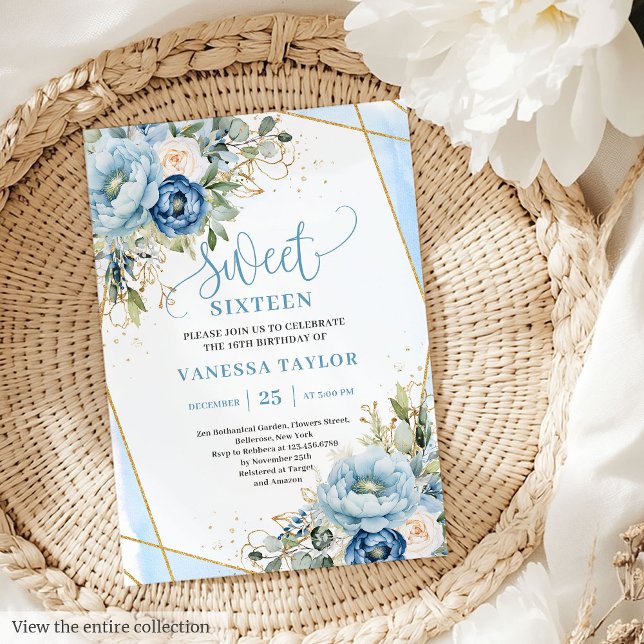 Invitación Dazzling Dusty Blue Floral Sweet 16 Invita (Dazzling Dusty Blue White Floral Sweet 16 Invitation)