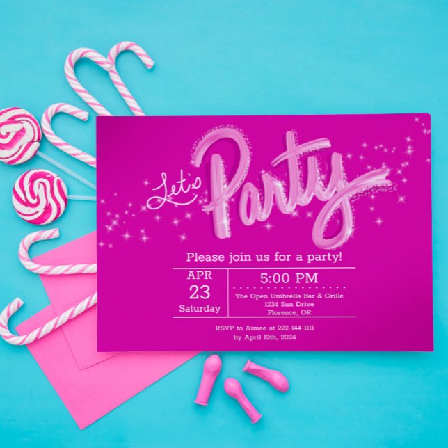 Invitación Dazzling Hot Pink Let's Party Horizontal (Subido por el creador)