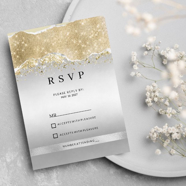 Invitación Dazzling silver and gold sparkle glitter RSVP  (Dazzling silver and gold sparkle glitter RSVP)