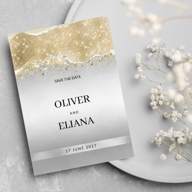 Invitación Dazzling silver gold sparkle glitter Save the Date (Dazzling silver gold sparkle glitter Save the Date)