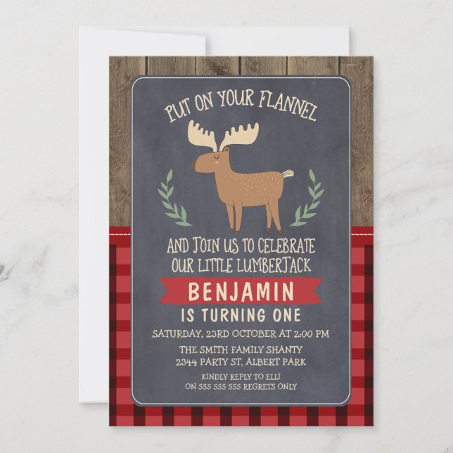 Invitación de 1º o 2º cumpleaños a Deer Lumberjack (Anverso)
