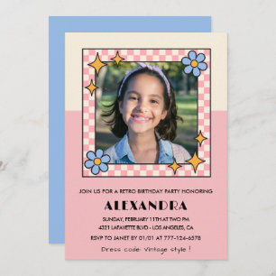 Invitación de 12 años Flores Rosa Retro Groovy