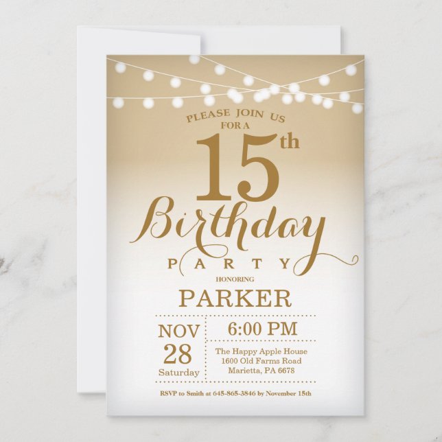 Invitación de 15 Cumpleaños Luces de Cadenas Dorad (Anverso)