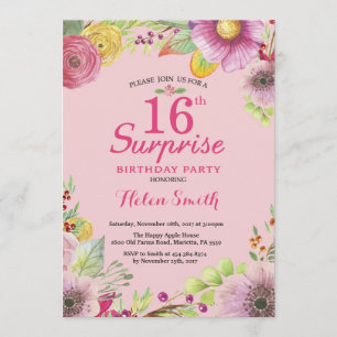Invitación de 16º cumpleaños de Surprise Floral a 
