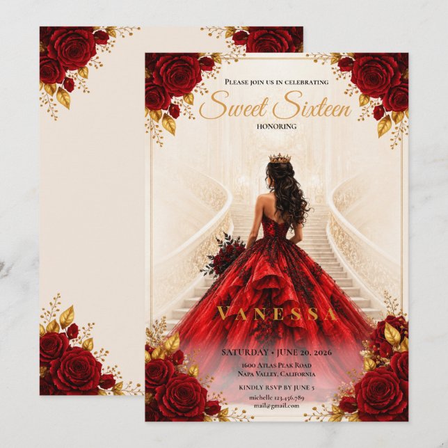 Invitación de 16 años dulce princesa roja oro (Anverso / Reverso)