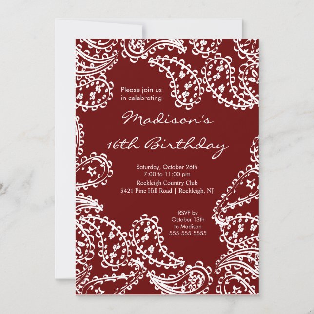 Invitación de 16 cumpleaños a la moda Paisley Swee (Anverso)