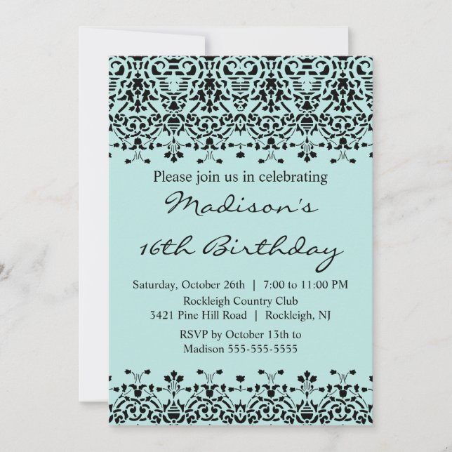 Invitación de 16 cumpleaños a Sky Blue Damask (Anverso)