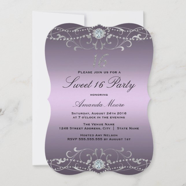 Invitación de 16 Cumpleaños Damask Diamante Púrpur (Anverso)