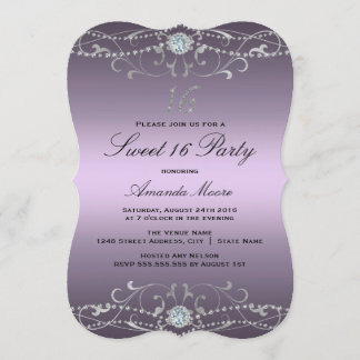 Invitación de 16 Cumpleaños Damask Diamante Púrpur