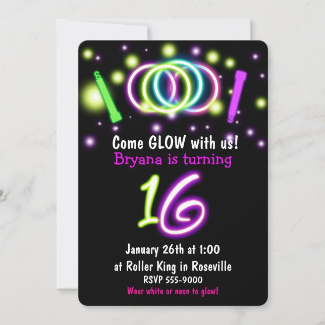 Invitación de 16 cumpleaños de GLOW Lights Edad 16 (Anverso)