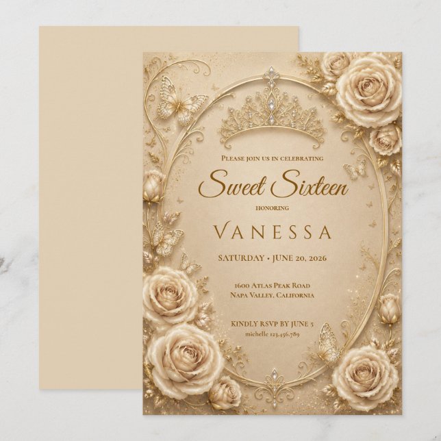 Invitación de 16 dulces mariposas princesa (Anverso / Reverso)