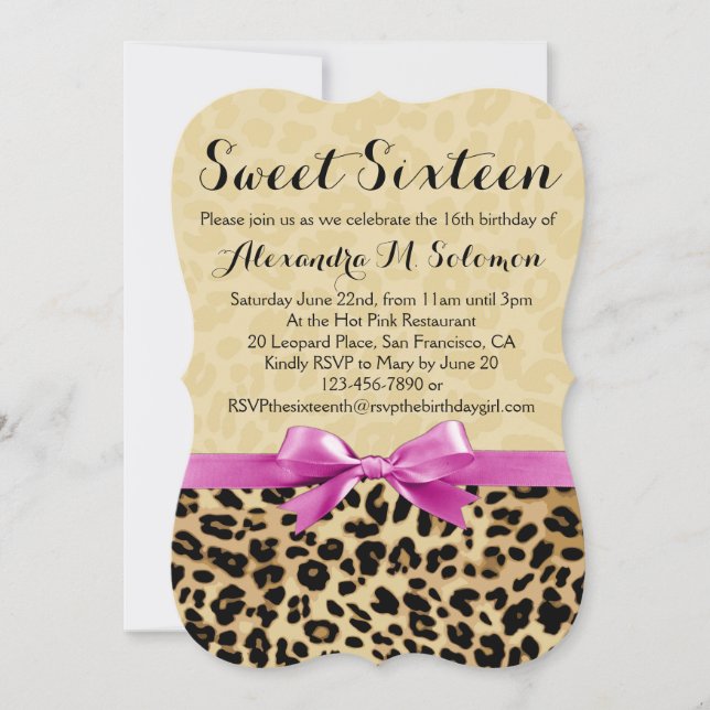 Invitación de 16 fiestas al leopardo rosado Bow (Anverso)