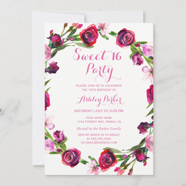 Invitación de 16 partidos a la flor de rosa rosada (Anverso)