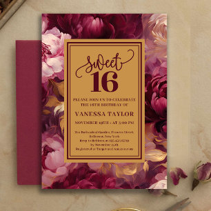 Invitación de 16 rosas borgoña sin tiempo oro dulc