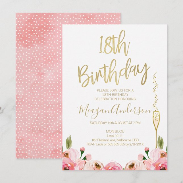 Invitación de 18º cumpleaños de Pink Gold Floral (Anverso / Reverso)