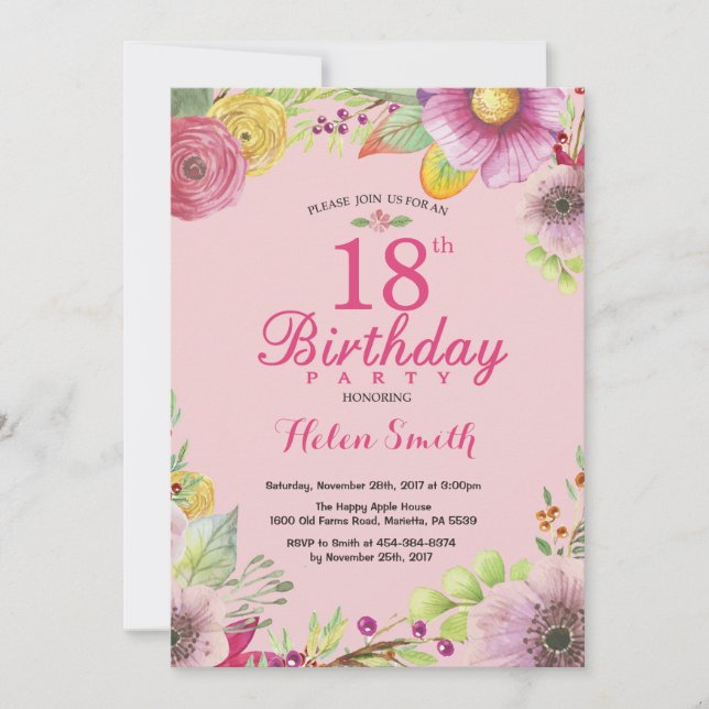 Invitación de 18 años floral a mujeres rosadas (Anverso)