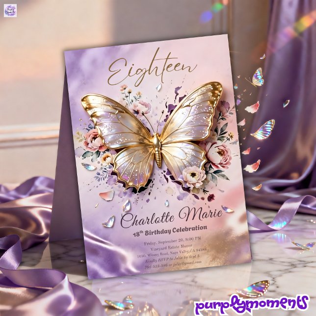 Invitación de 18 cumpleaños Mariposa Dorada Floral (Subido por el creador)
