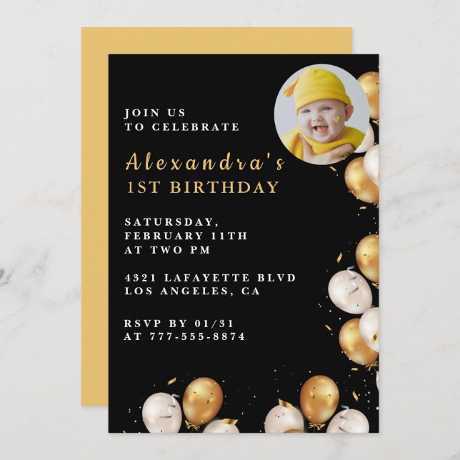 Invitación de 1 cumpleaños Black Gold Balloon Phot (Anverso / Reverso)
