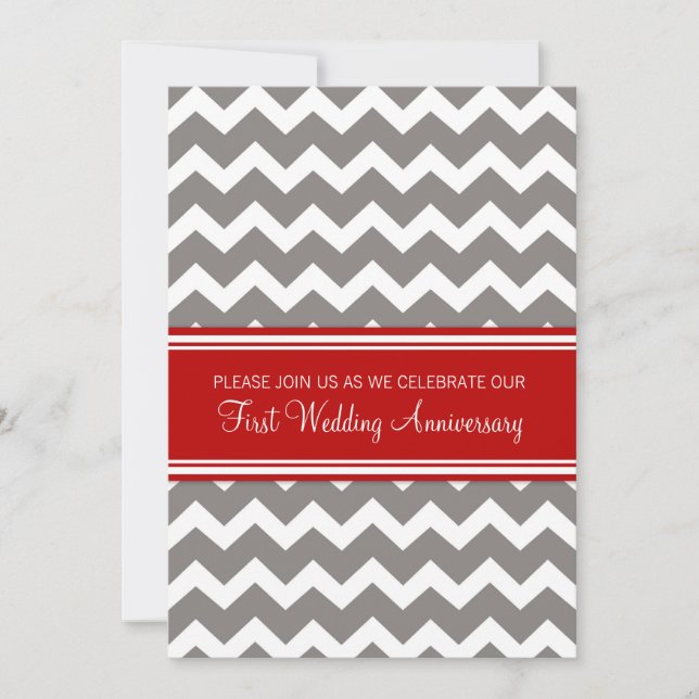Invitación de 1er Aniversario Chevron Gris Rojo (Anverso)