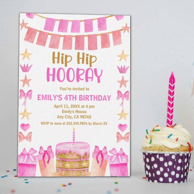 Invitación de 2º cumpleaños a Pink Gold Hip Hip Ho (Subido por el creador)