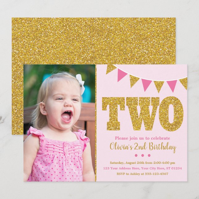 Invitación de 2º cumpleaños con foto a Pink and Go (Anverso / Reverso)