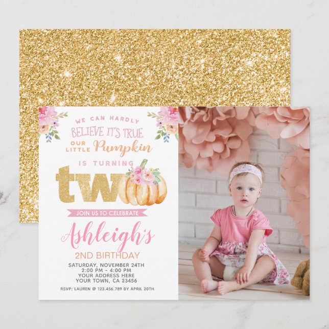Invitación de 2º cumpleaños de calabaza con foto (Anverso / Reverso)