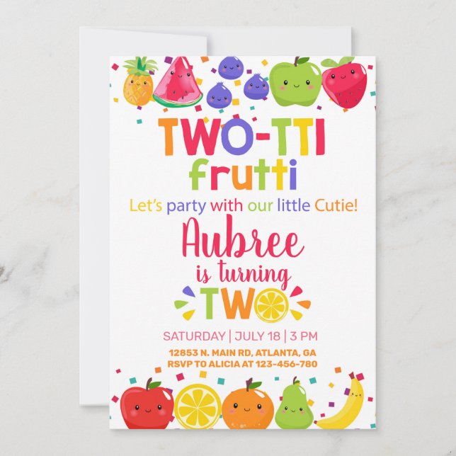 Invitación de 2º cumpleaños de dos chicas frutti. (Anverso)
