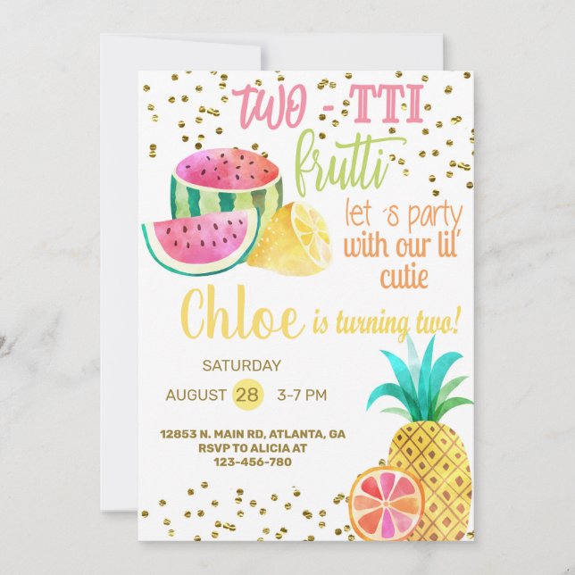 Invitación de 2º cumpleaños de dos chicas frutti. (Anverso)