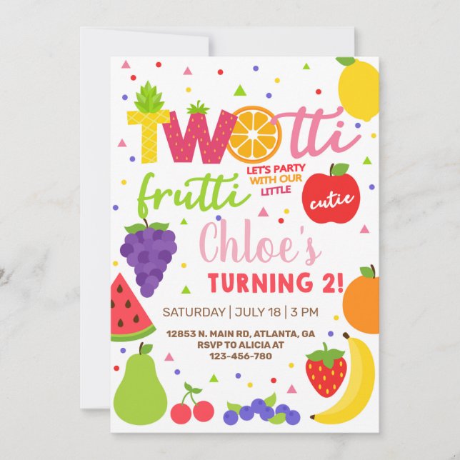 Invitación de 2º cumpleaños de dos chicas frutti. (Anverso)