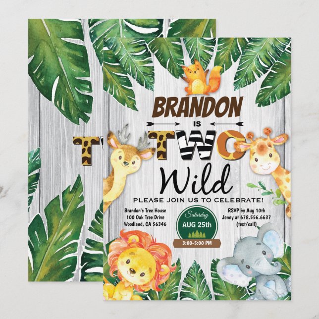 Invitación de 2º cumpleaños de la jungla. Chico zo (Anverso / Reverso)