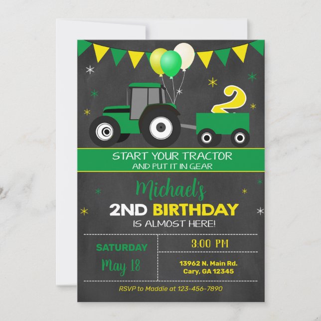 Invitación de 2º cumpleaños de un niño tractor ver (Anverso)