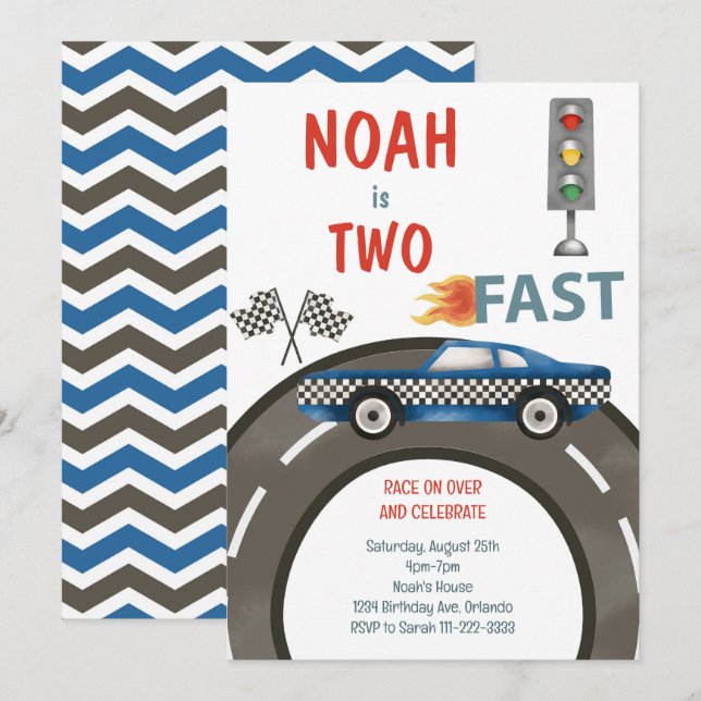 Invitación de 2º cumpleaños de Vintage Race Car Bl (Anverso / Reverso)