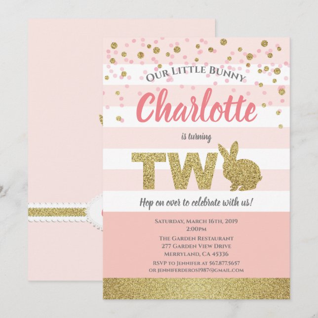 Invitación de 2º cumpleaños del chica de conejo ro (Anverso / Reverso)