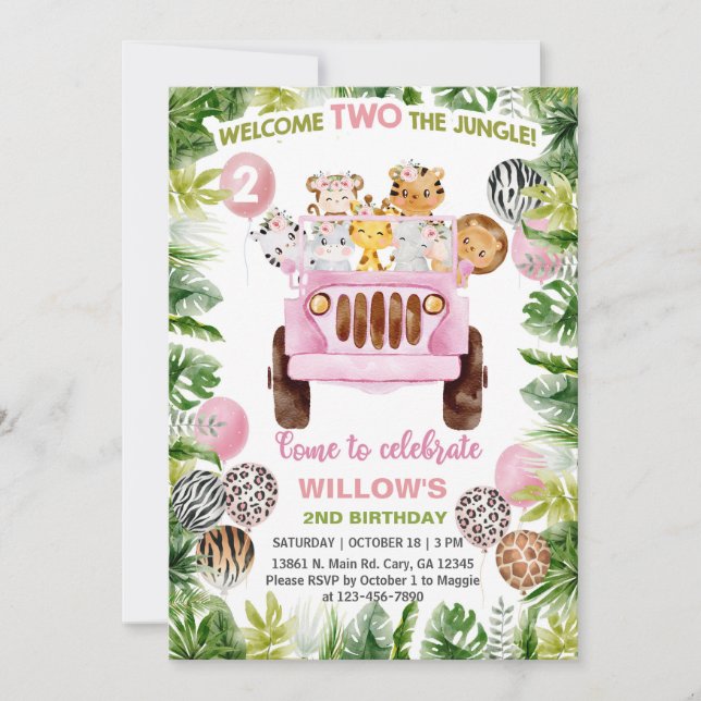 Invitación de 2º cumpleaños del chica Safari de co (Anverso)
