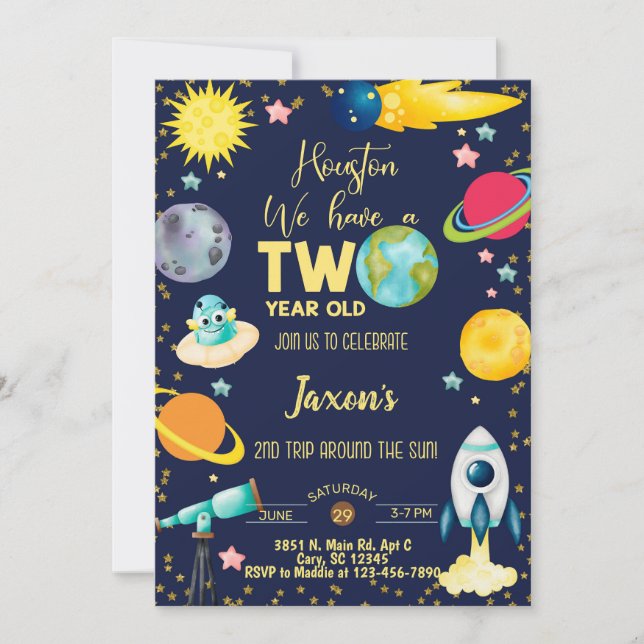 Invitación de 2º cumpleaños del niño espacial-tacu (Anverso)
