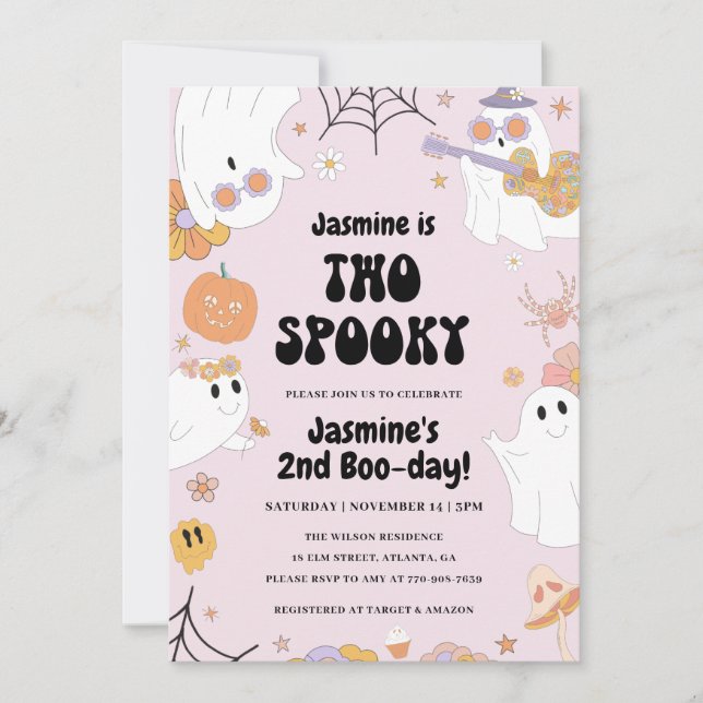 Invitación de 2º cumpleaños rosada Retro Halloween (Anverso)