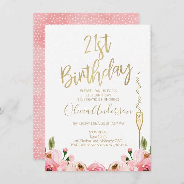Invitación de 21 años a Pink Gold Floral (Anverso / Reverso)